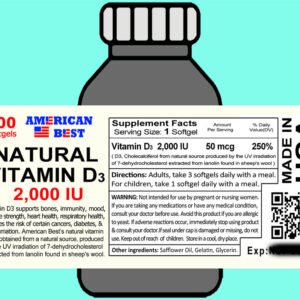 Natural Vitamin D3 <br> 2,000 IU <br> (200 Softgels)