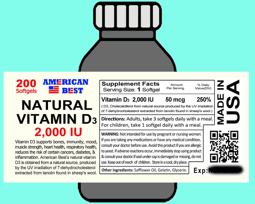Natural Vitamin D3 <br> 2,000 IU <br> (200 Softgels)