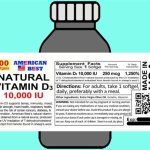 Natural Vitamin D3 10,000 IU (500 Softgels) with Olive Oil