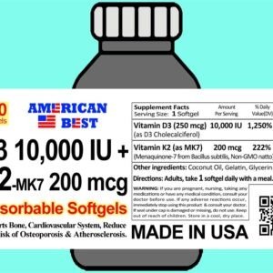 D3  10,000 IU + <br> K2-MK7 200mcg <br> (100) Softgels