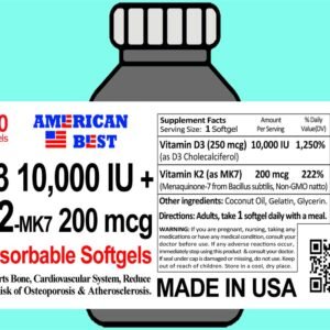D3  10,000 IU + <br> K2-MK7 200mcg <br> (120) Softgels